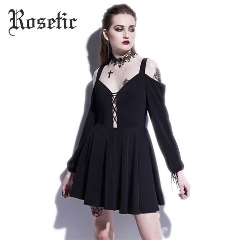 Rosetic Gothic Mini Dresses Black Hollow Lace Up Goth Dress Autumn Women Fashion Street Wild