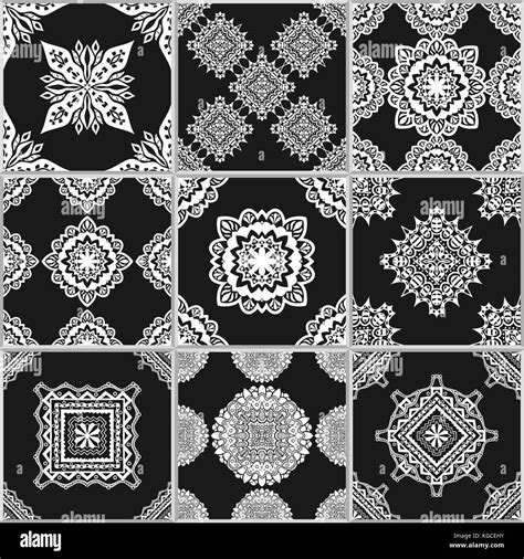 Black And White Geometric Tiles Seamless Patterns Set Vector Stock