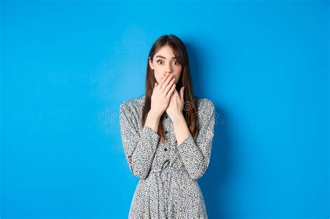 Shocked Woman In Dress Gasping Covering Mouth With Hands And Look Excited Hear Gossips