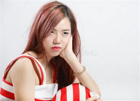 Asia Pretty Girl In Red White Dress Sit On Floor Stock Photo Image