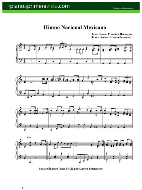 Himno Nacional Mexicano Partitura Fácil Para Piano