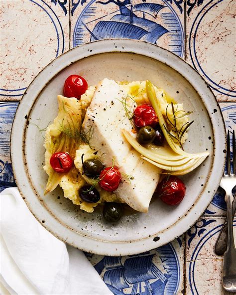 Oil Poached Halibut With Fennel Tomatoes And Mashed Potatoes