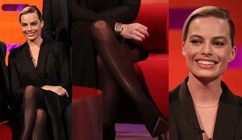 Margot Robbie Crossed Legs In Black Pantyhose At Graham Norton Show