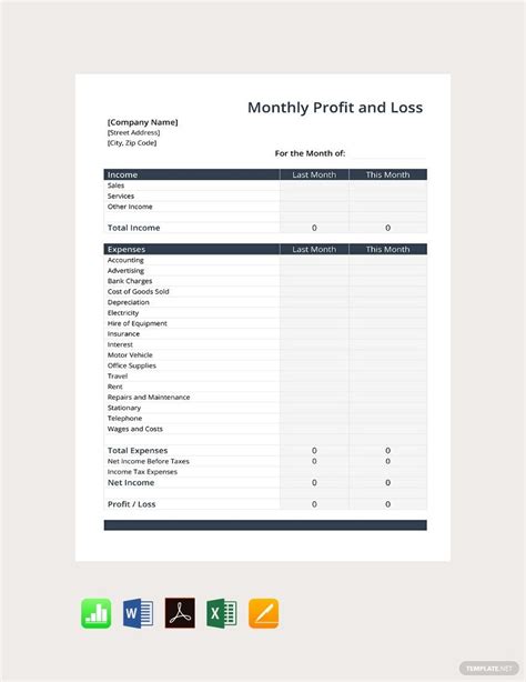 Monthly Profit And Loss Template In Numbers Word Pdf Excel Pages