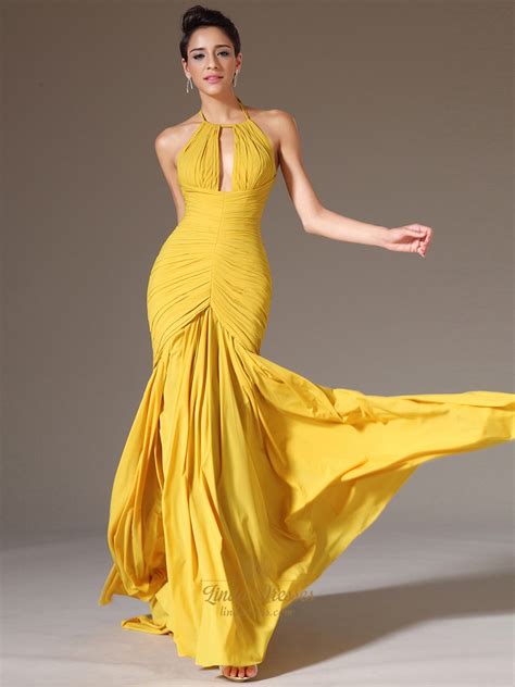 Yellow Mermaid Halter Neck Sleeveless Ruched Bodice Chiffon Prom Dress Linda Dress