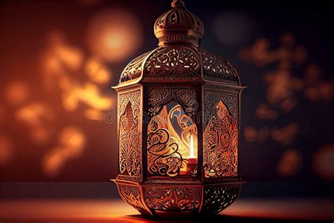 Ornamental Arabic Lantern With Burning Candle Glowing At Night Muslim