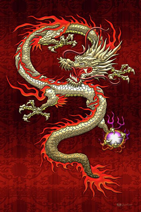 Golden Chinese Dragon Fucanglong On Red Silk Digital Art By Serge