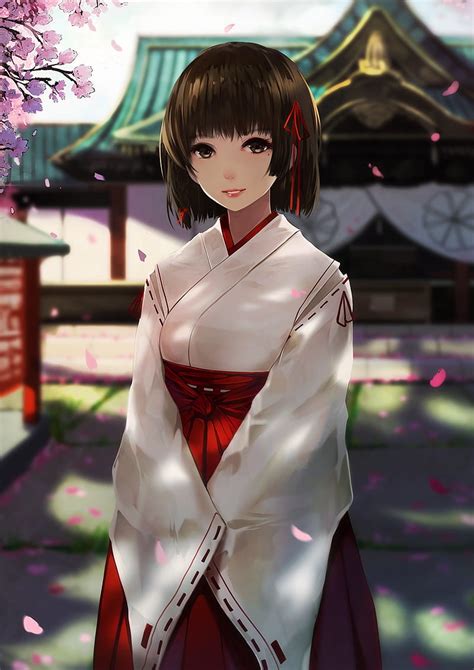 Anime Girl Japanese Clothes Kimono Purple Hair Short Hair Hd