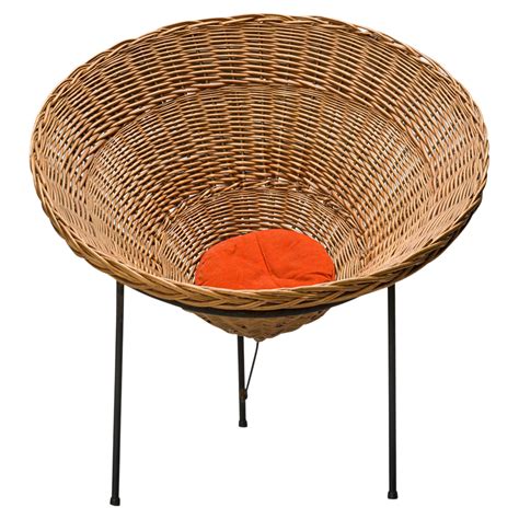 Italian Mid Century Woven Wicker Conical Round Basket Chair For Sale At