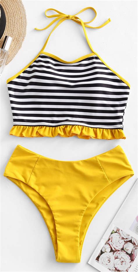 Halter Striped Frilled High Leg Tankini Swimsuit Bathing Suits