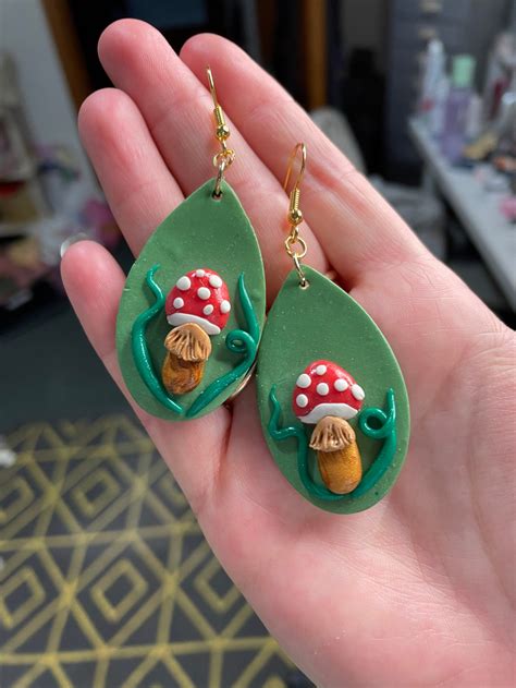 Mushroom Polymer Clay Earrings Cottage Core Whimsical Green Etsy