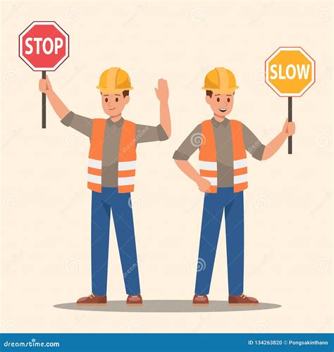 Man Holding Stop Sign And Slow Sign Vector Design Stock Vector