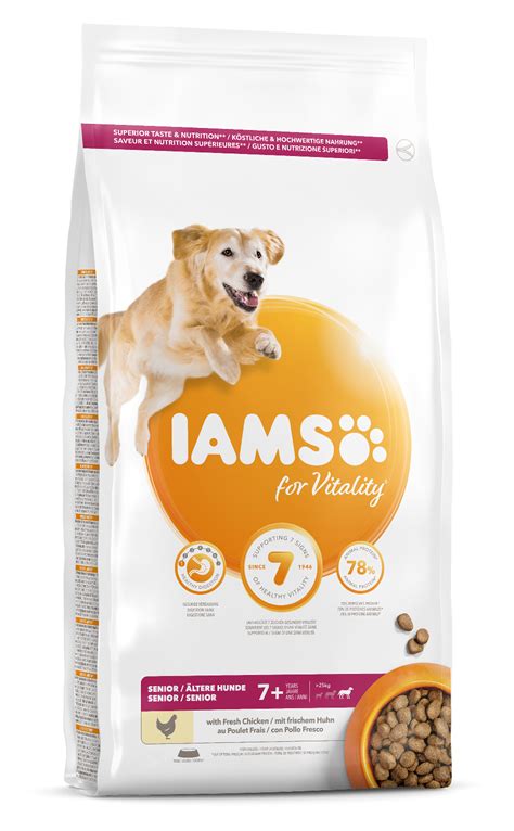The mature and senior dog food is perfect for dogs aged 7 years and over. IAMS for Vitality Senior Large Breed Dog Food with Chicken ...