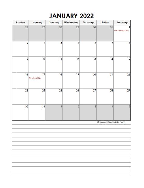 Excel Monthly Calendar 2022