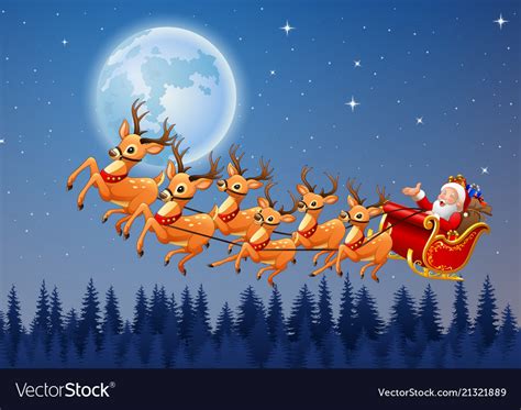 santa claus rides reindeer sleigh flying in the sk