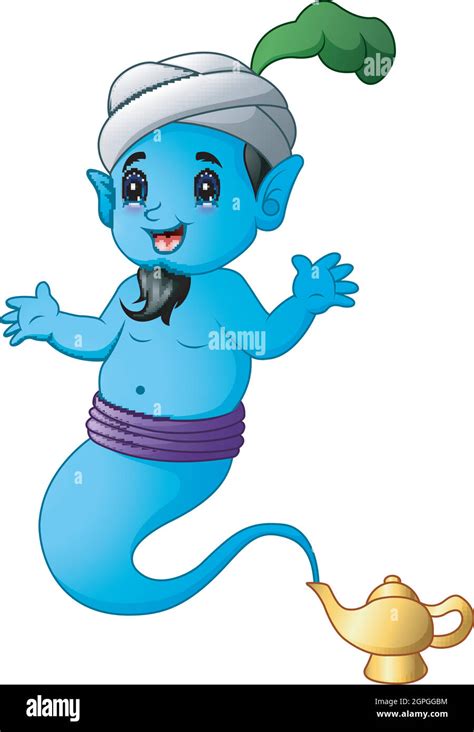Cartoon Genie Coming Out Of A Gold Magic Lamp Stock Vector Image And Art