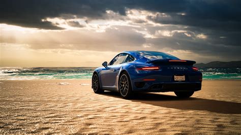 Desktop Wallpaper Porsche 911 Turbo At Beach Blue Sports Car Hd