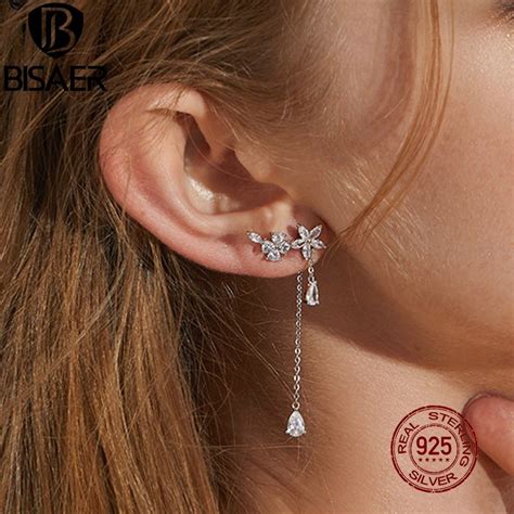 Blooming Earrings Bisaer Sterling Silver Luminous Flower Cubic Zircon Stud Earrings For
