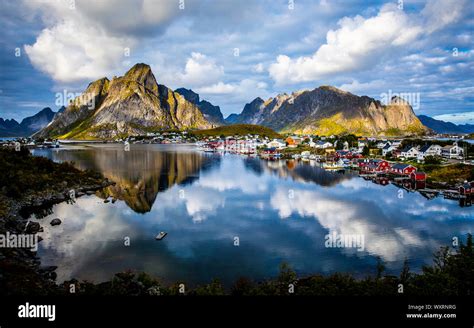 Reine In The Lofoten Islands Norway Reflection In Still Waters Stock