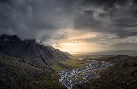 Nature Landscape Dark Clouds Mountain River Valley Sunset Sea Iceland
