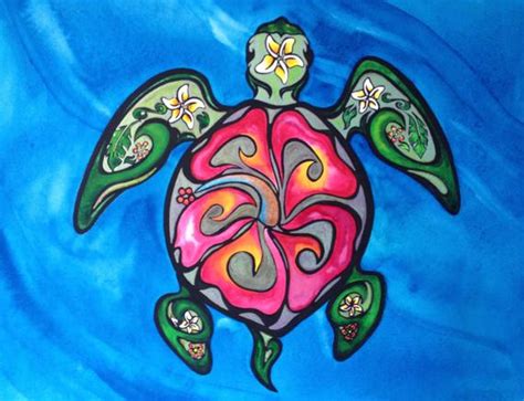 Items Similar To Green Sea Turtle Tribal Hibiscus Original 16 X 20 Hawaiian Island Turtle