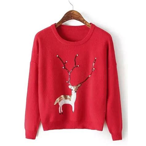 Deer Print Christmas Sweater Long Sleeve Knitted Womens Sweater
