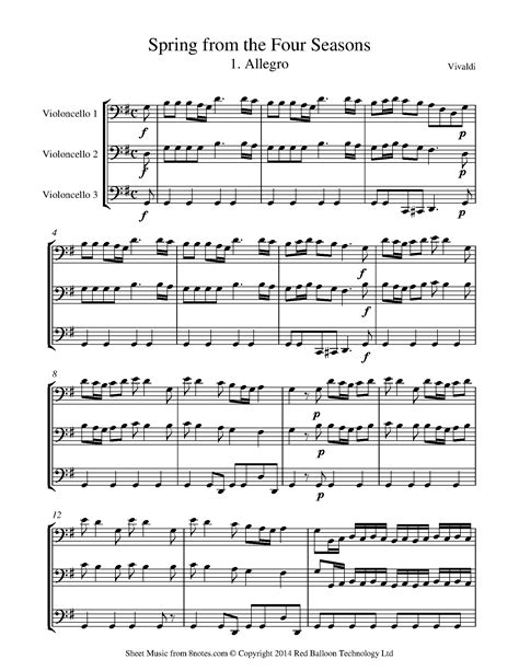 Vivaldi Antonio Spring From The Four Seasons 1 Allegro Sheet Music For Cello Trio