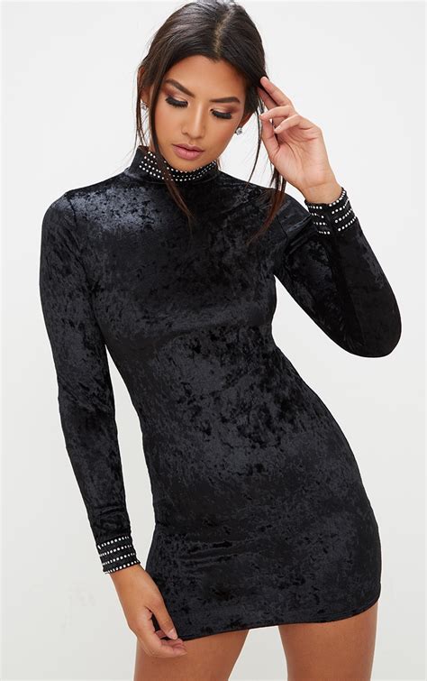 Black Velvet Stud Detail High Neck Long Sleeve Bodycon Dress Dresses