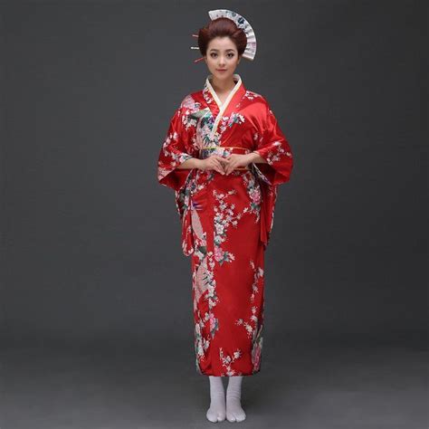 traditional red silk japanese kimono for women with peacock print womens kimono evening