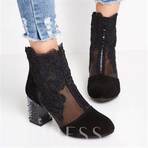 Floral Embroidery Lace Rhinestone Womens Black Ankle Boots