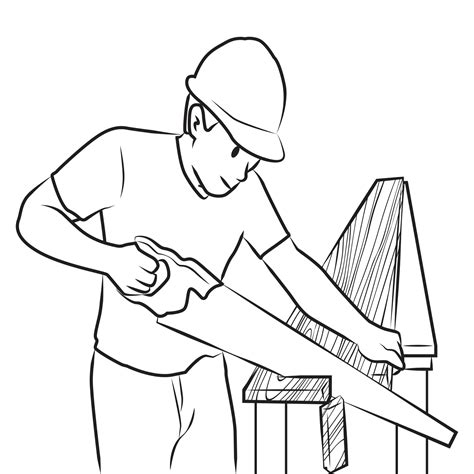 Carpenter Wood Work Labor Line Vector Cartoon Illustration People
