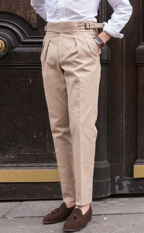 beige gurkha double pleated trousers pants outfit men slim fit dress pants fashion suits for men