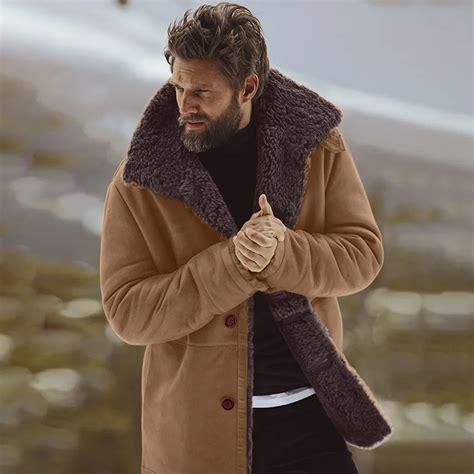 Mens Winter Sheepskin Jacket Warm Wool Lined Mountain Faux Lamb
