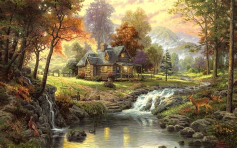 Wallpaper Landscape Painting Art House Forest River Animals