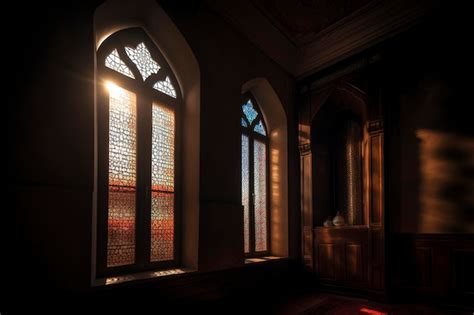 Premium Ai Image A Stained Glass Window In A Dark Room With The Sun Shining Through It