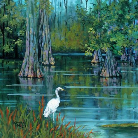 Louisiana Swamp Painting with Egret and Bald Cypress Trees | Etsy