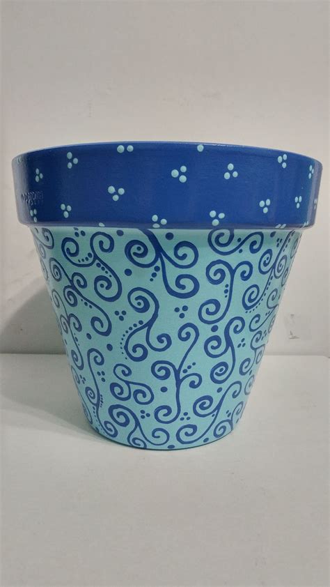 Sky Blue With Periwinkle Swirls Flower Pot Art Painted Terra Cotta