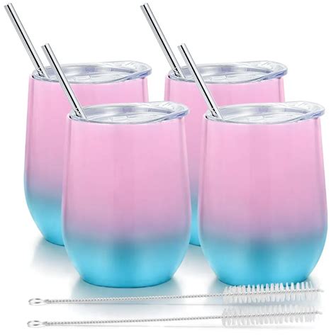 4 pack stemless wine tumbler straw 12oz stainless steel wine glass with straws unbreakable