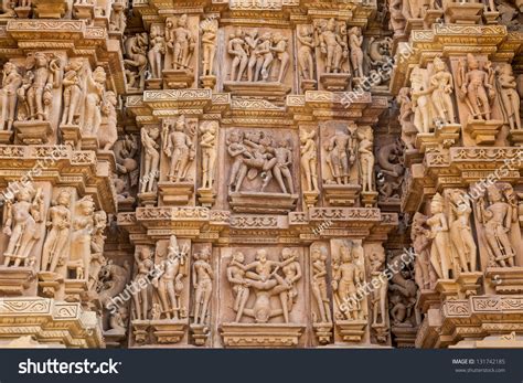 Khajuraho India April Stone Carved Erotic Sculptures In Hindu Temple On April In