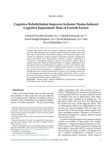 Cognitive Rehabilitation Improves Ischemic Stroke Induced Cognitive