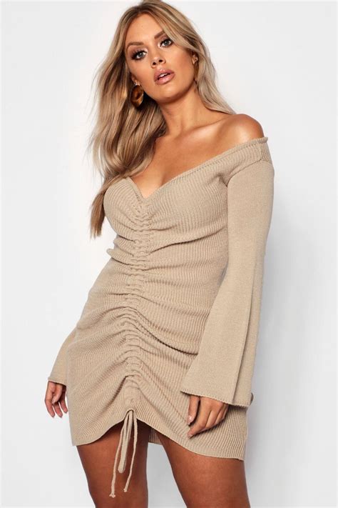 Click Here To Find Out About The Plus Ruched Bardot Knitted Bodycon