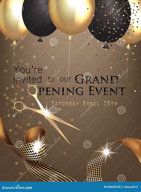 Grand Opening Invitation With Curly Ribbon Scissors And Gold And Black