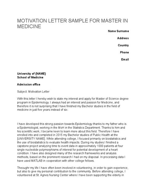 Motivation Letter Sample For Master In Medicine Pdf Epidemiology