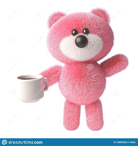 3d Teddy Bear Cartoon Character With Pink Soft Fluffy Fur Drinking A