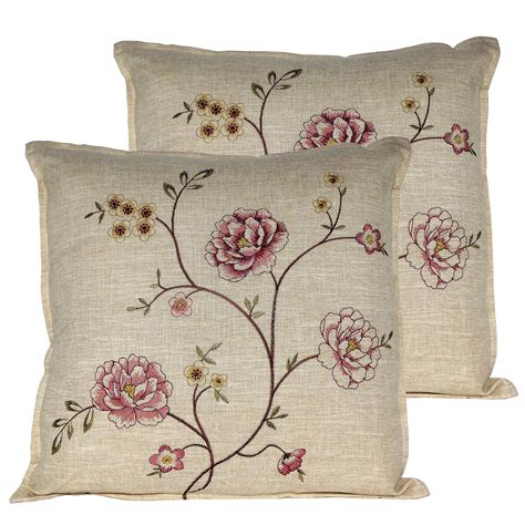 Spring Flower Linen Embroidery Decoration Throw Pillow Pair Of 2