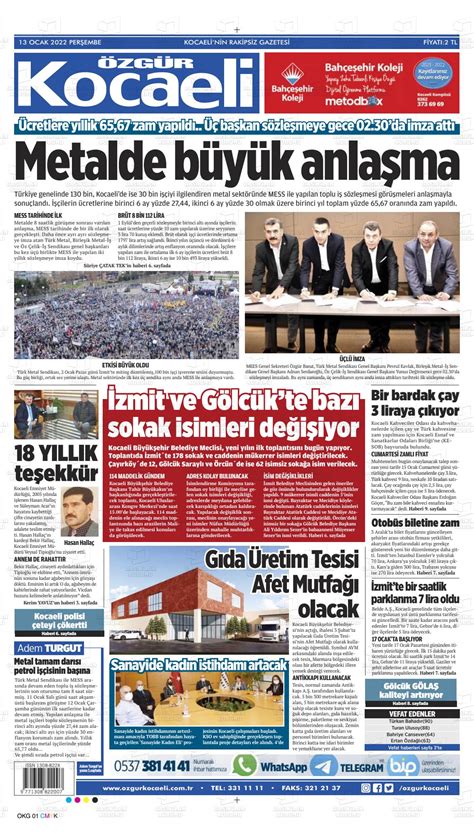 13 Ocak 2022 tarihli Özgür Kocaeli Gazete Manşetleri