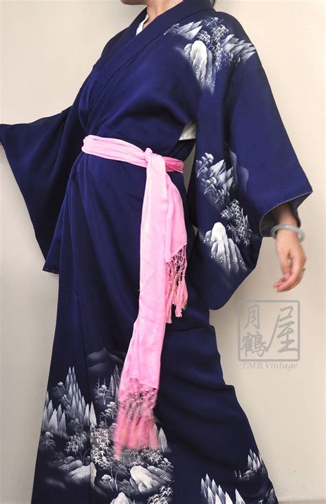 Japanese Long Kimono Robe Full Length Kimonovintage Dark Etsy Hong