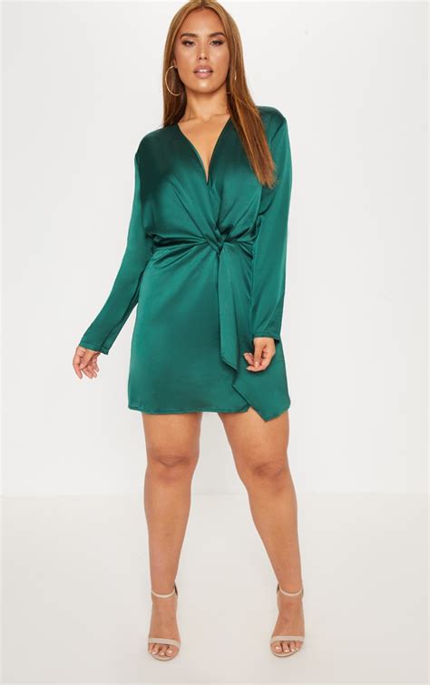 Plus Emerald Green Satin Wrap Dress Prettylittlething