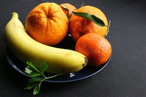 Fresh Fruits Banana Orange And Mandarin Healthy Diet Stock Image
