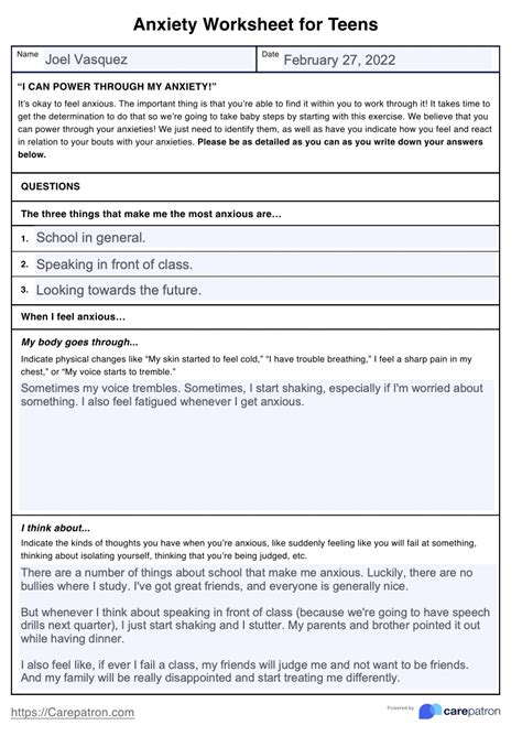 Anxiety Worksheets For Teens And Example Free Pdf Download